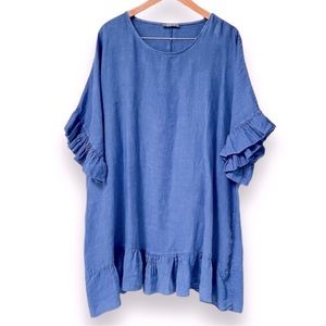 Piazza Del Tempio | Linen Elbow Sleeve Ruffle Dress | Medium | Blue | $35